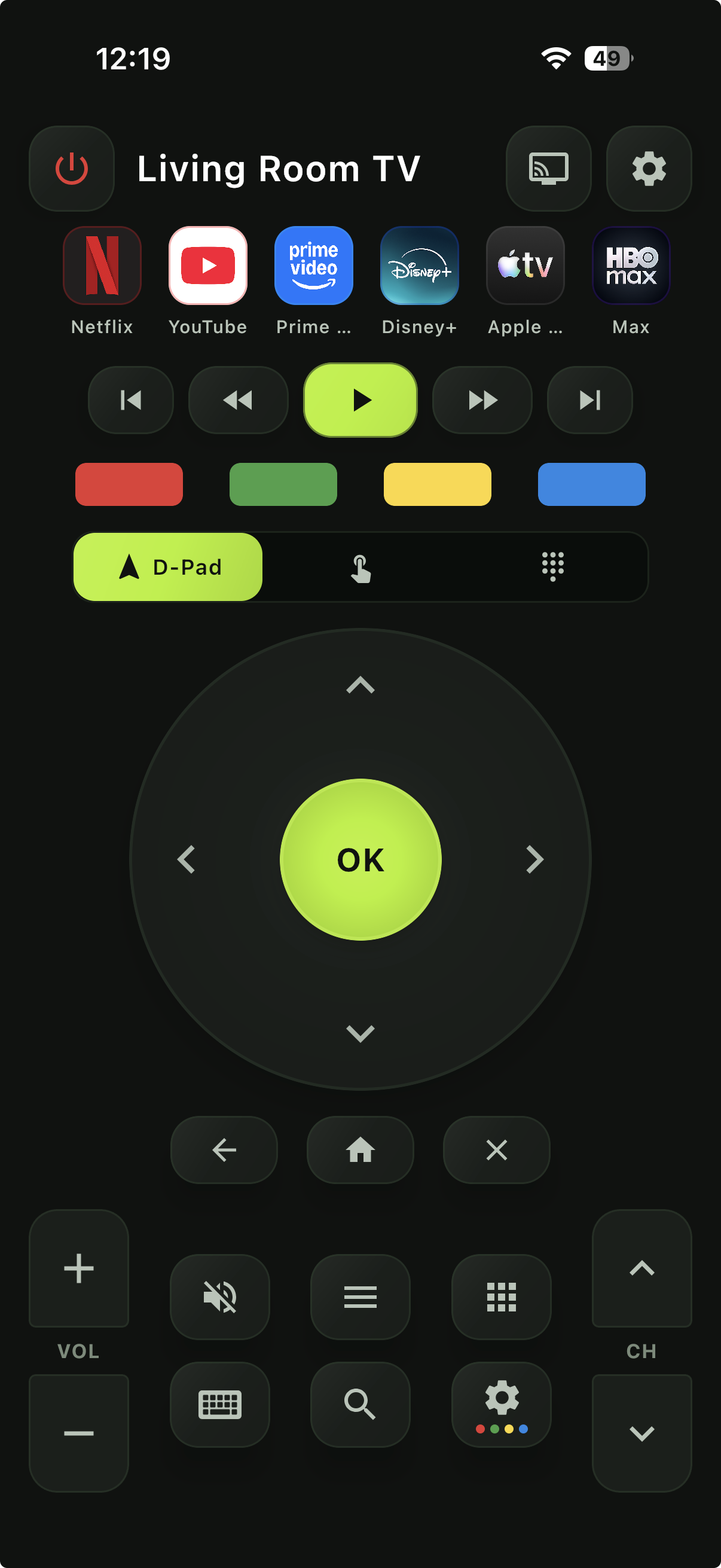 AnyRemote remote control screen with playback and volume controls