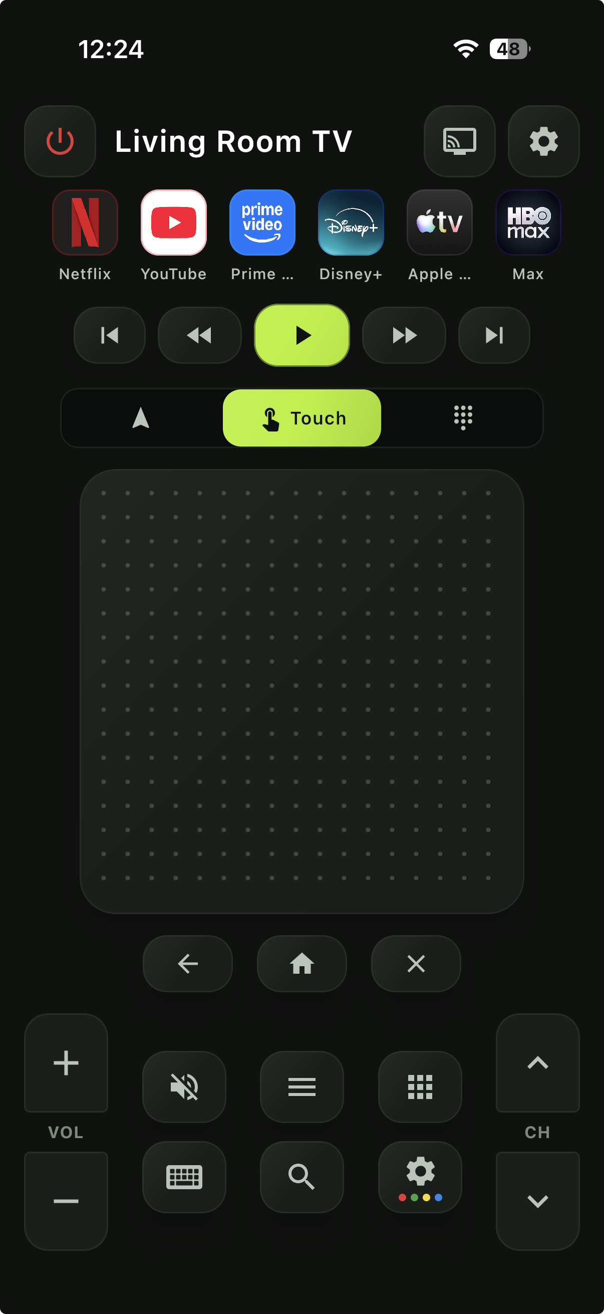 AnyRemote touchpad screen for swipe navigation