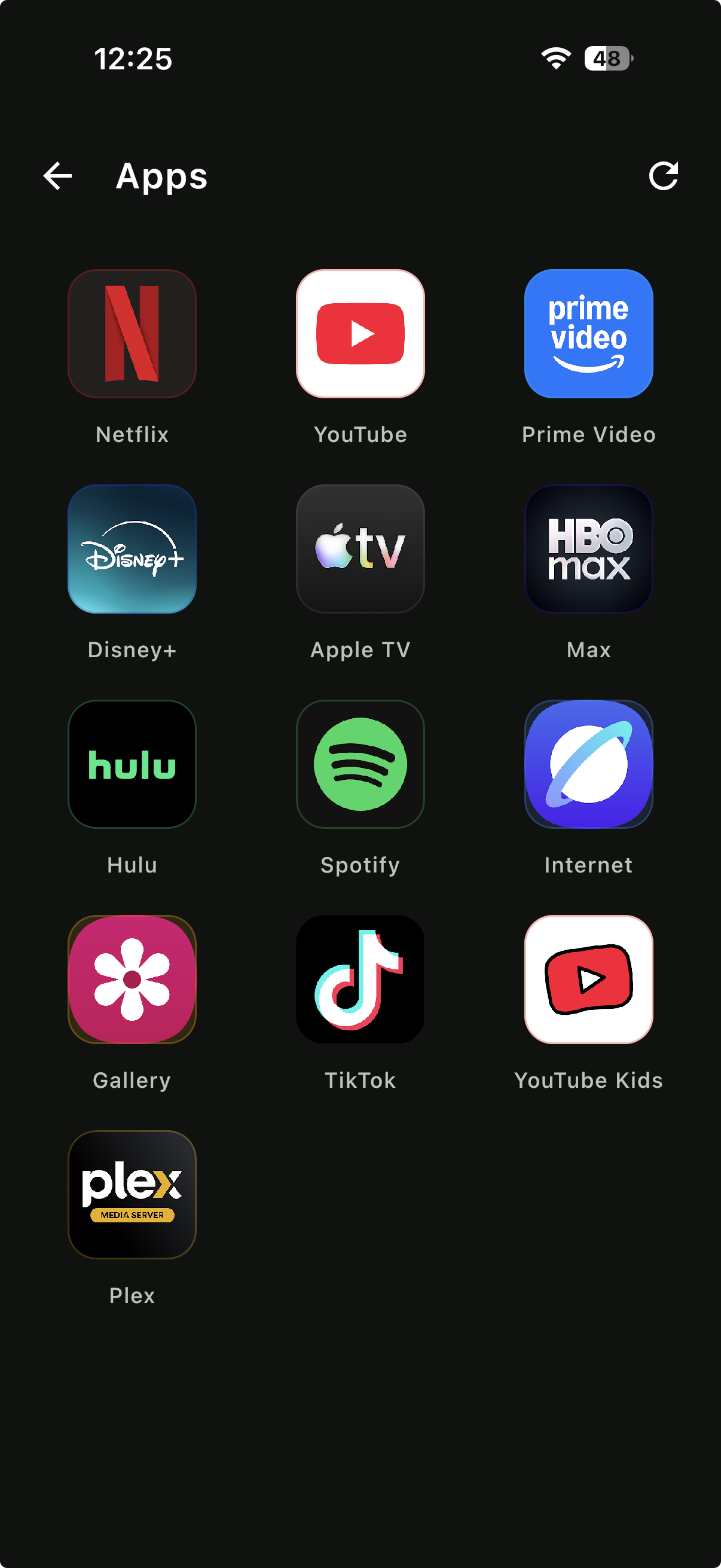 AnyRemote app launcher showing Netflix, YouTube, Prime Video, Disney+ and more
