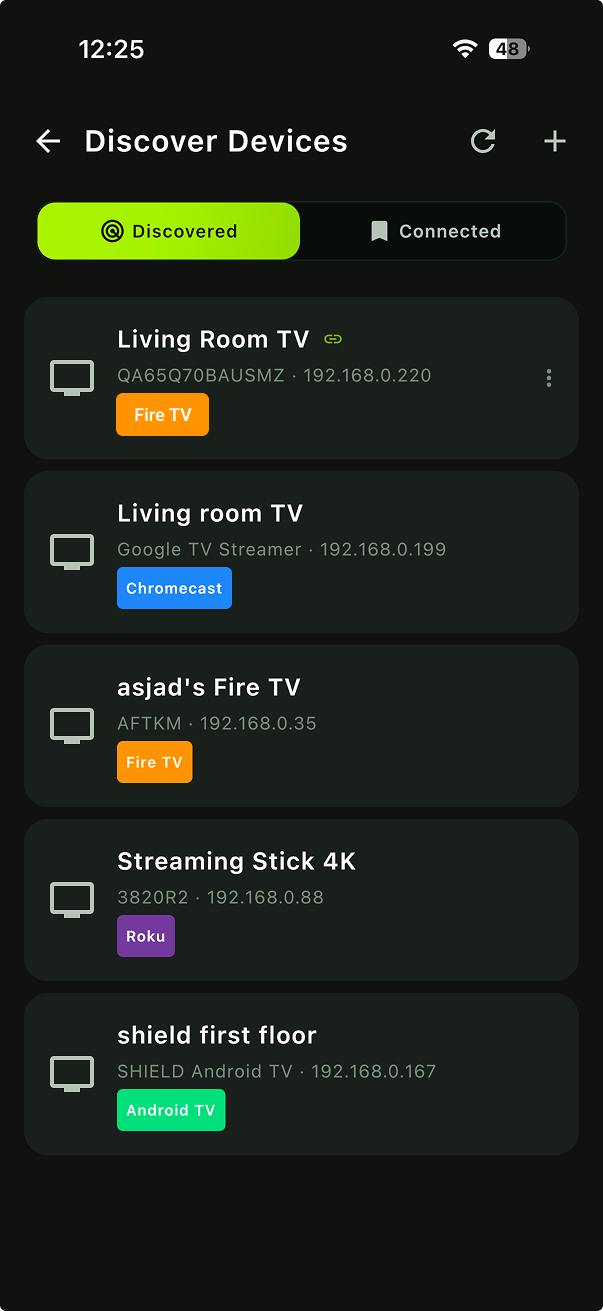 AnyRemote device discovery screen listing detected Fire TV, Chromecast, Roku and Android TV devices
