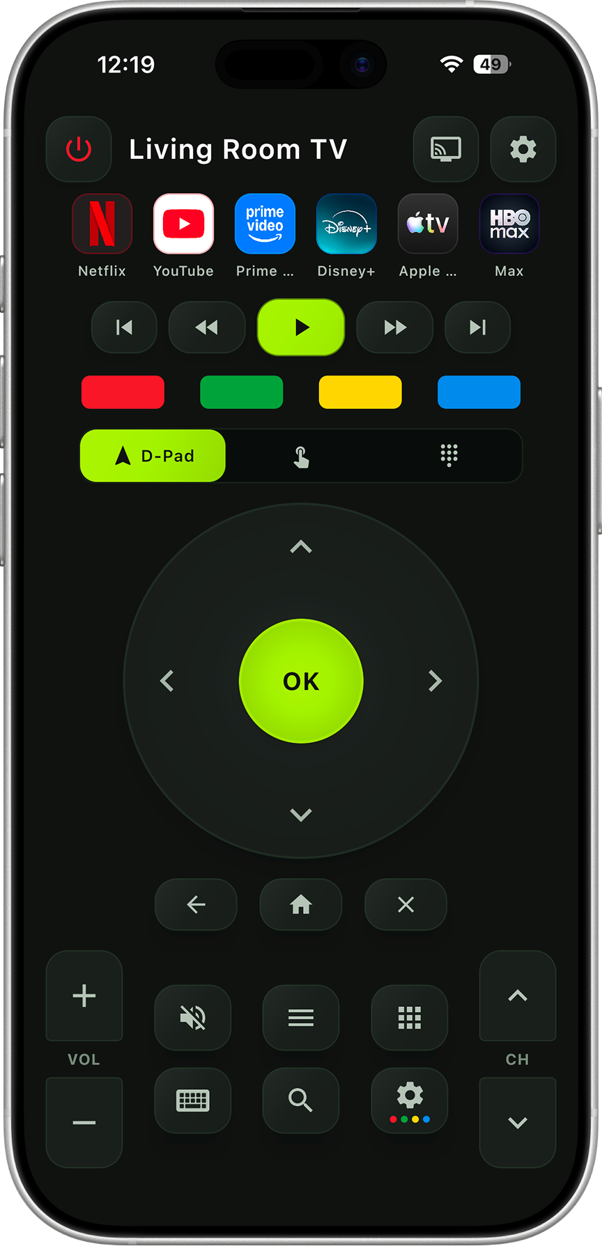 AnyRemote app showing the smart TV remote control interface on a phone